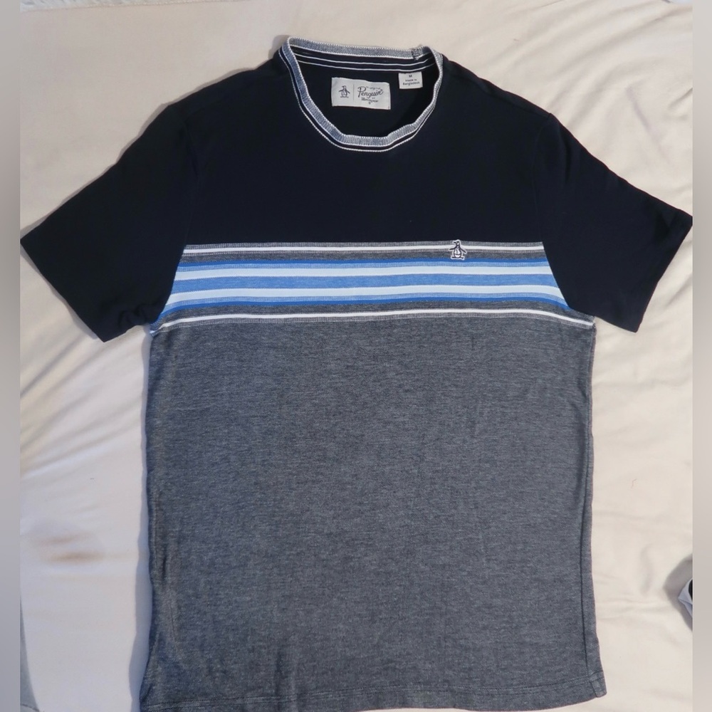 Original Penguin Navy and Gray Tee with Blue Stripes Medium